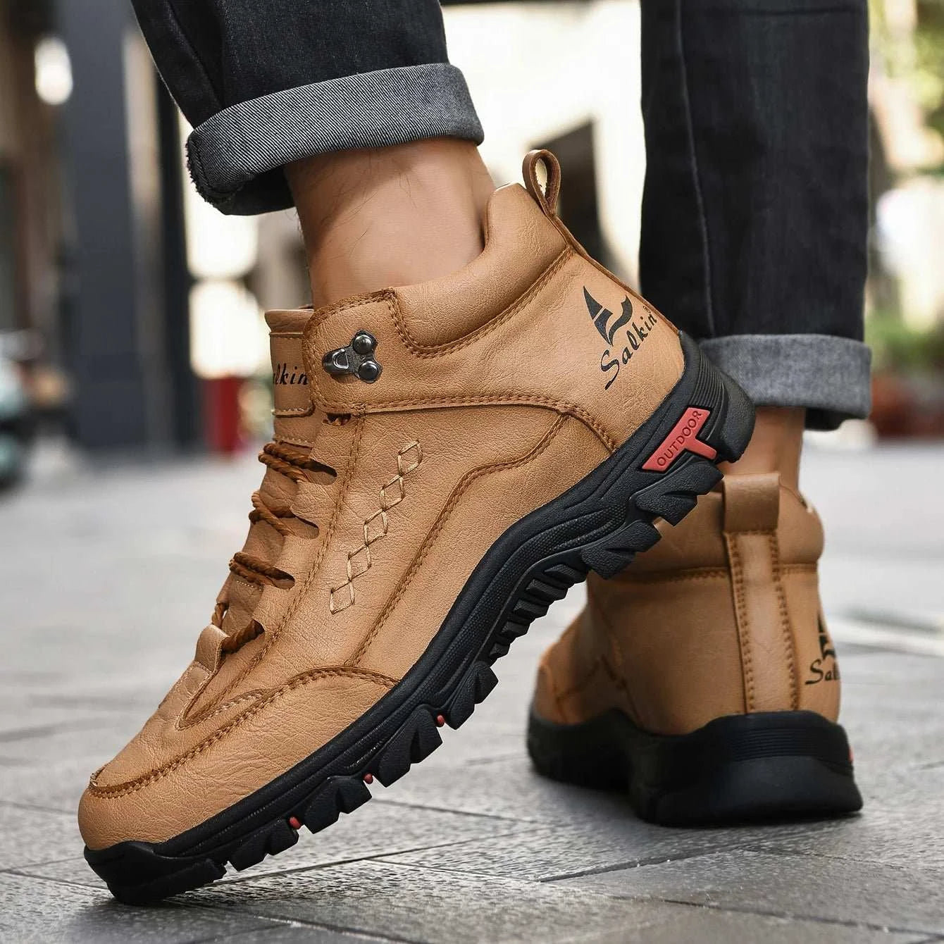 Men leather outdoor boots with lace-up ankle design and breathable EVA insole for casual and trail use