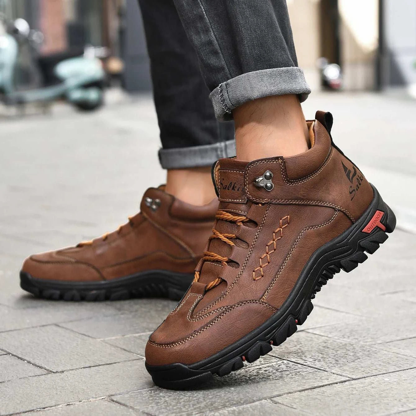 Men leather outdoor boots lace-up ankle casual breathable shoes with rubber outsole and EVA insole