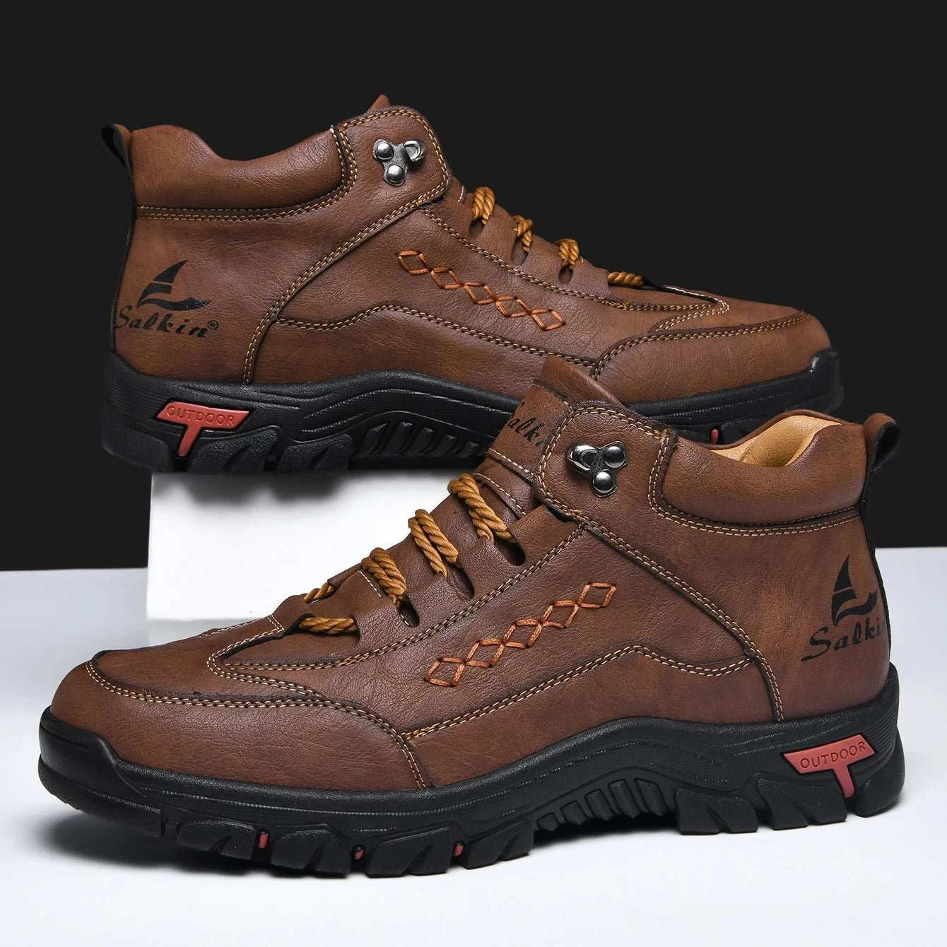 Men leather outdoor boots with split leather upper, lace-up ankle design, cushioned EVA insole, and rubber outsole for casual breathable comfort
