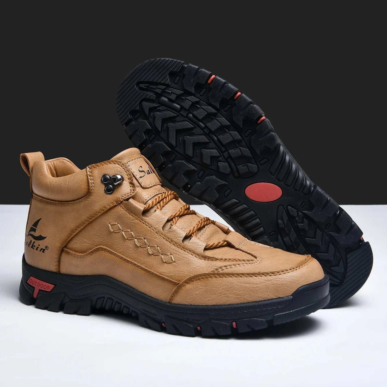 Men leather outdoor boots lace-up ankle casual breathable shoes with durable rubber sole