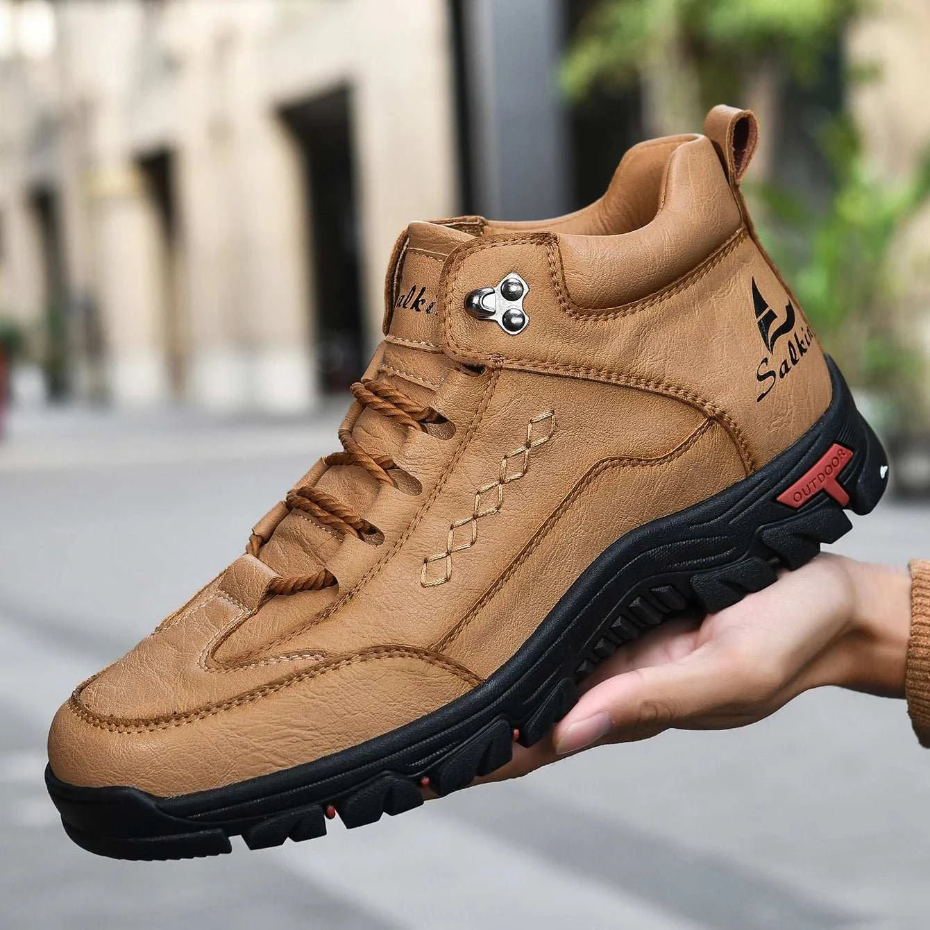 Men leather outdoor boots lace-up ankle casual breathable shoes on trail path