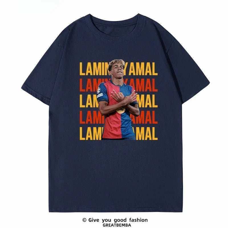 Men's pure cotton football short sleeve tee with breathable fabric and bold Barcelona-inspired design