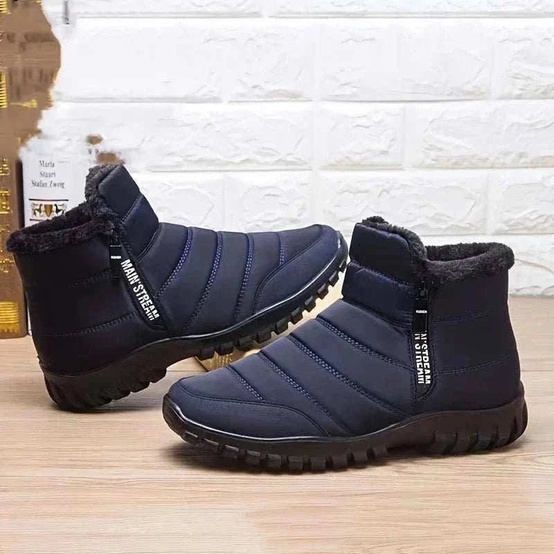 Men's warm cotton zipper waterproof ankle snow boots with wool lining and durable traction outsole