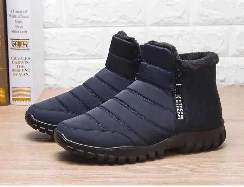 Men's warm cotton zipper waterproof ankle snow boots with wool lining and durable traction outsole