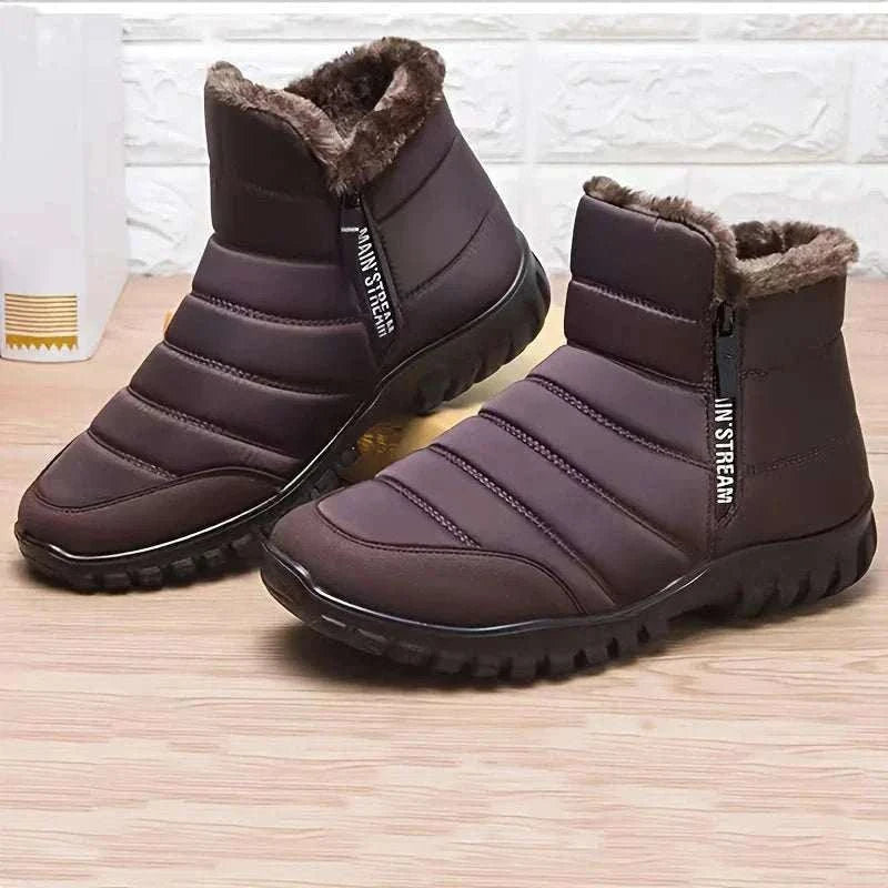 Men's warm cotton zipper waterproof ankle snow boots with durable traction and wool lining