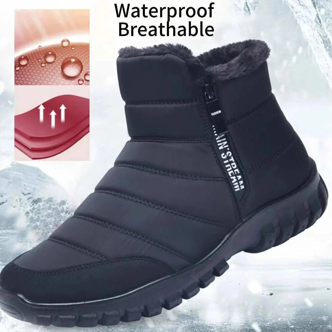 Men's warm cotton zipper waterproof ankle snow boots with durable traction and wool lining