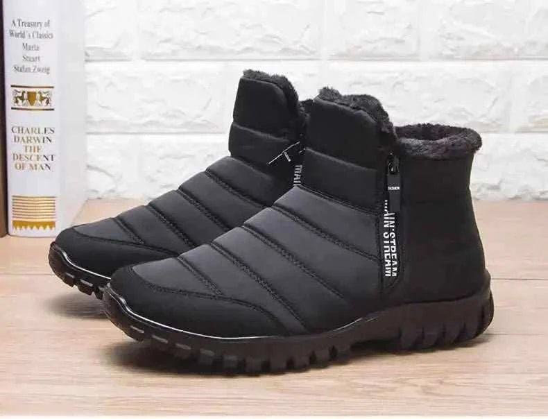 Men's warm cotton zipper waterproof ankle snow boots with durable traction and wool lining