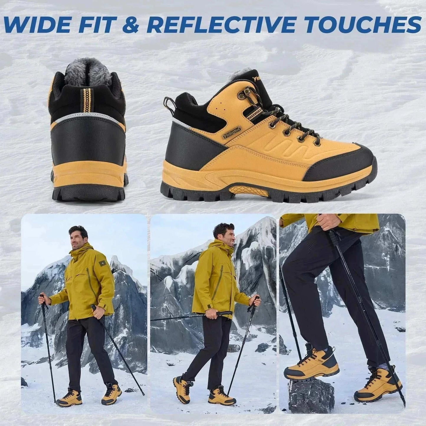 Men's wide snow boots with fur lining, lightweight design, wide fit, and anti-slip rubber outsole for winter comfort