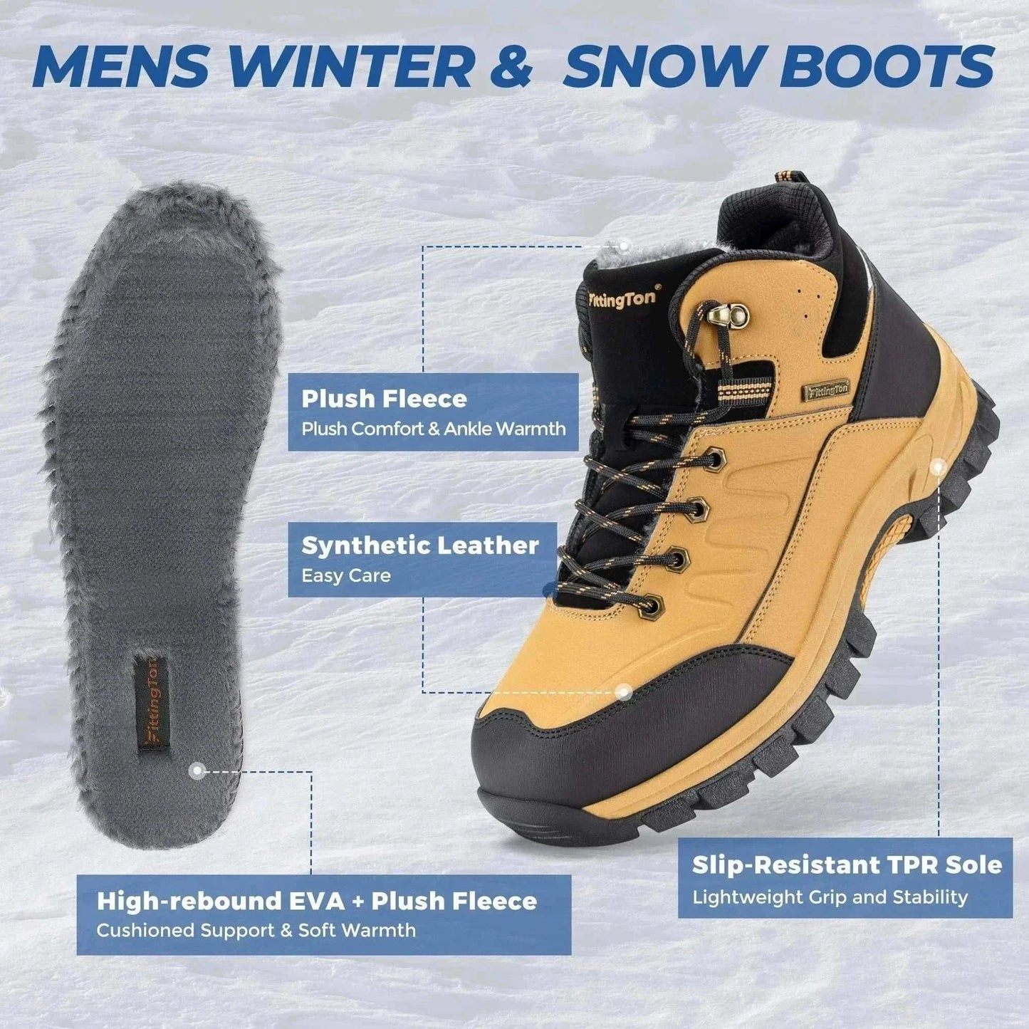 Men's wide snow boots with fur lining, lightweight design, anti-slip rubber outsole, and hook-and-loop closure for warmth and stability