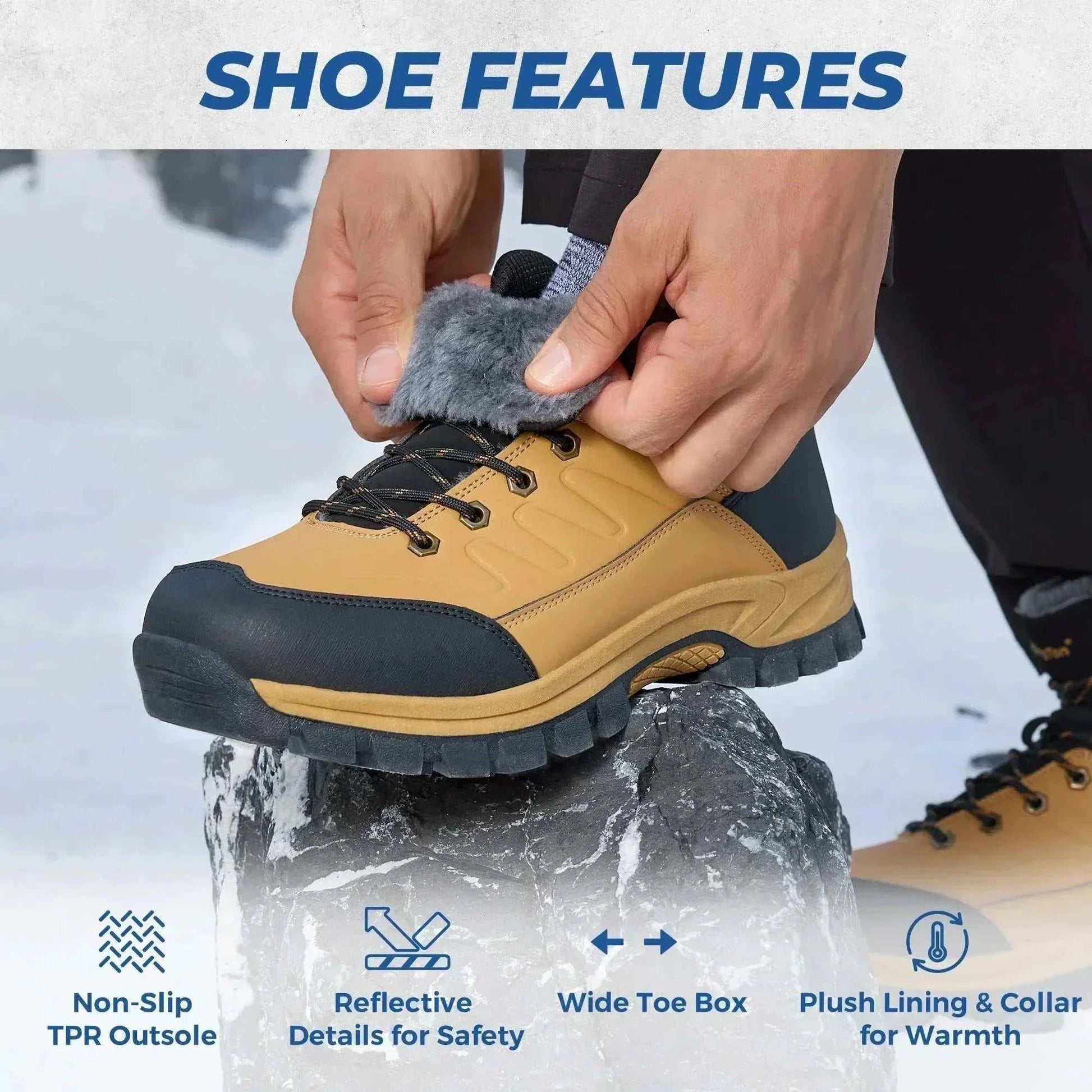 Men's wide snow boots with fur lining, lightweight design, and anti-slip rubber outsole for winter warmth and comfort