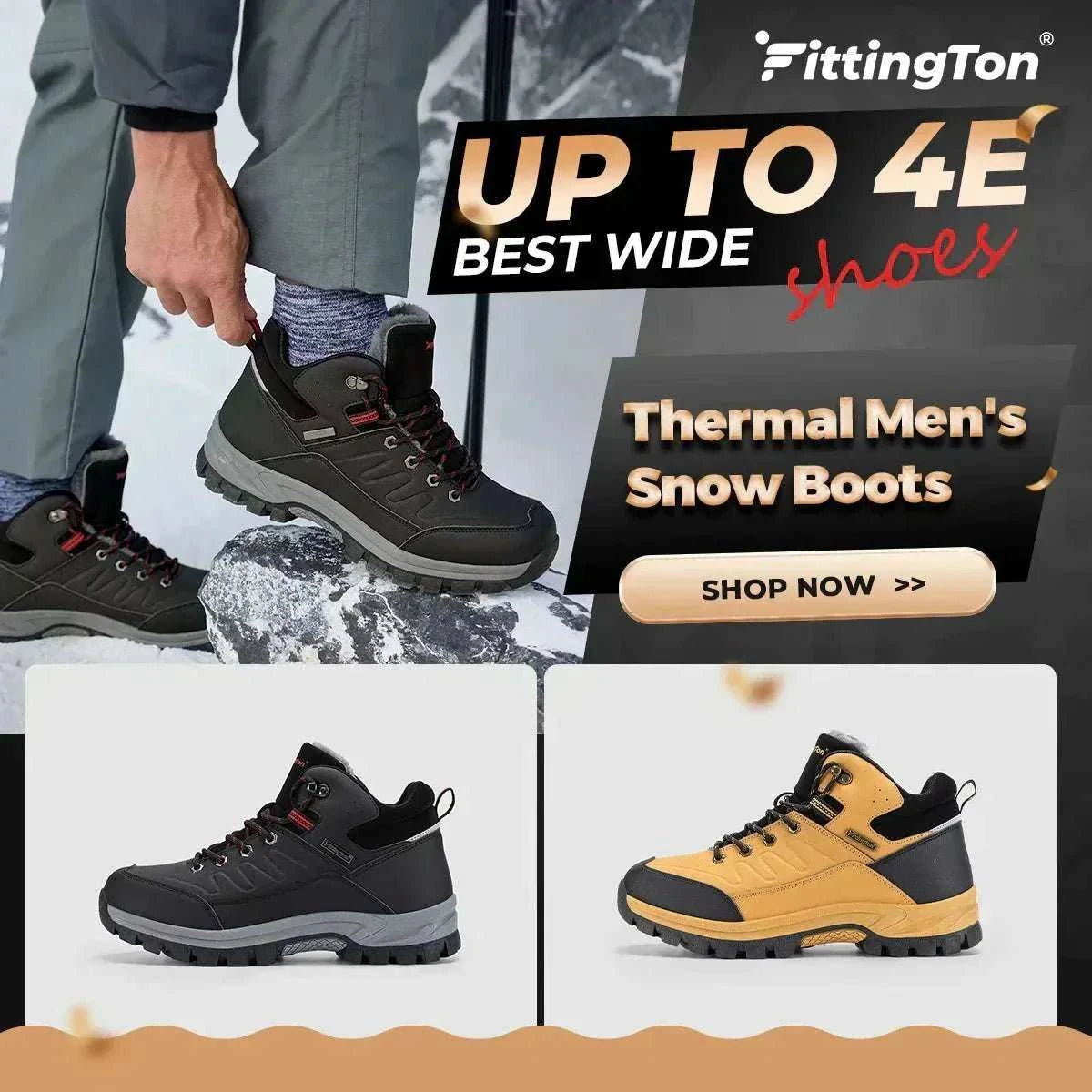 Men's wide snow boots with fur lining, lightweight design, anti-slip rubber sole, and hook-and-loop closure for warm, comfortable winter wear
