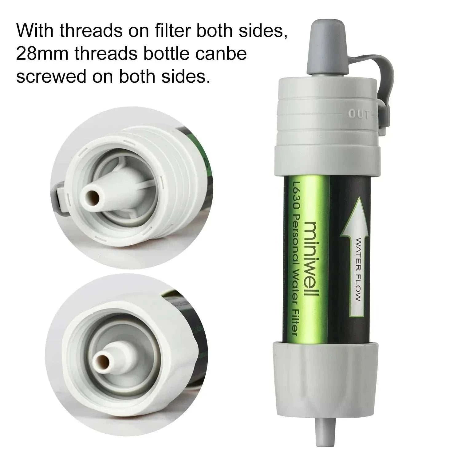 Miniwell L630 portable water filter showing compact design and hose attachment for survival kits