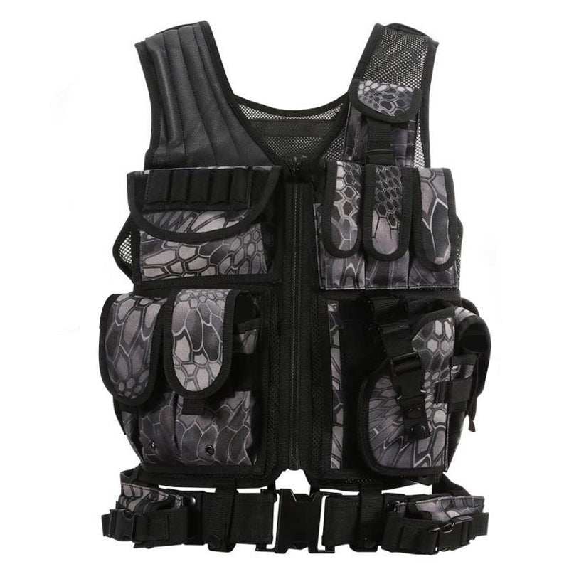 Molle tactical plate carrier vest with modular pouches and adjustable straps for airsoft and CS training