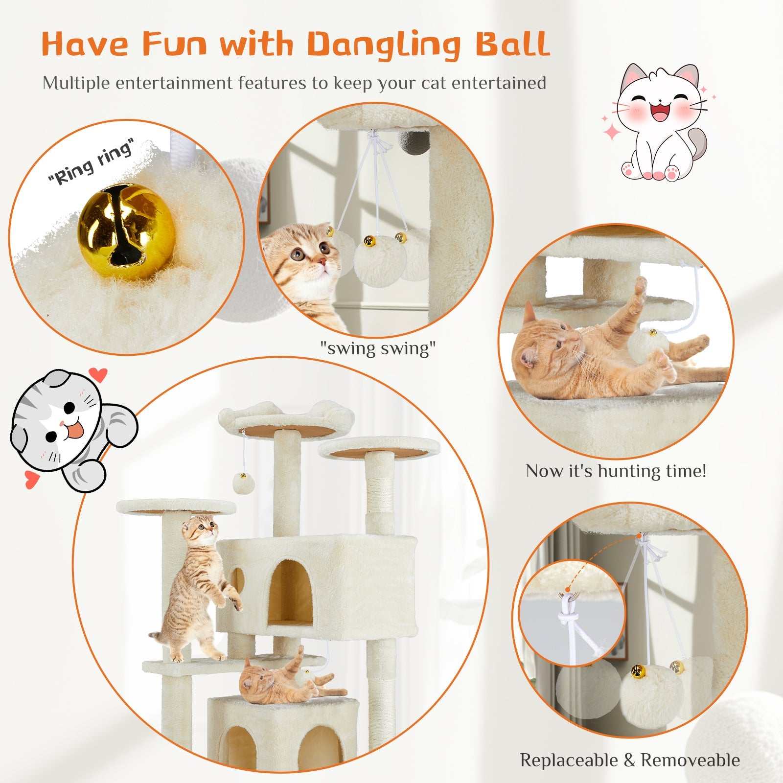 Multi Function Cat Treehouse climbing frame for indoor cats in beige with vertical perches