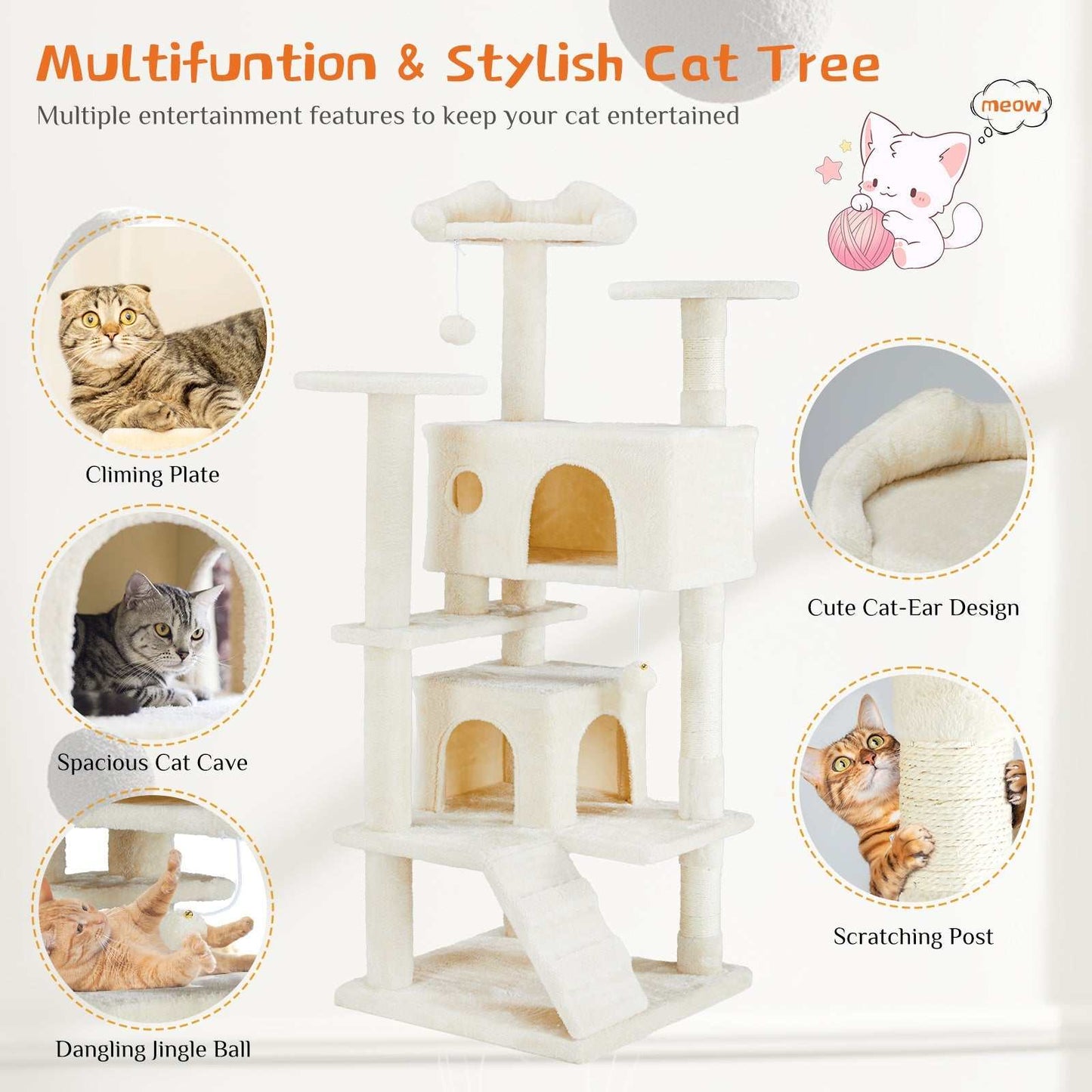 Multi Function Cat Treehouse Climbing Frame for Indoor Cats in beige and blue with multiple vertical perches and sturdy design