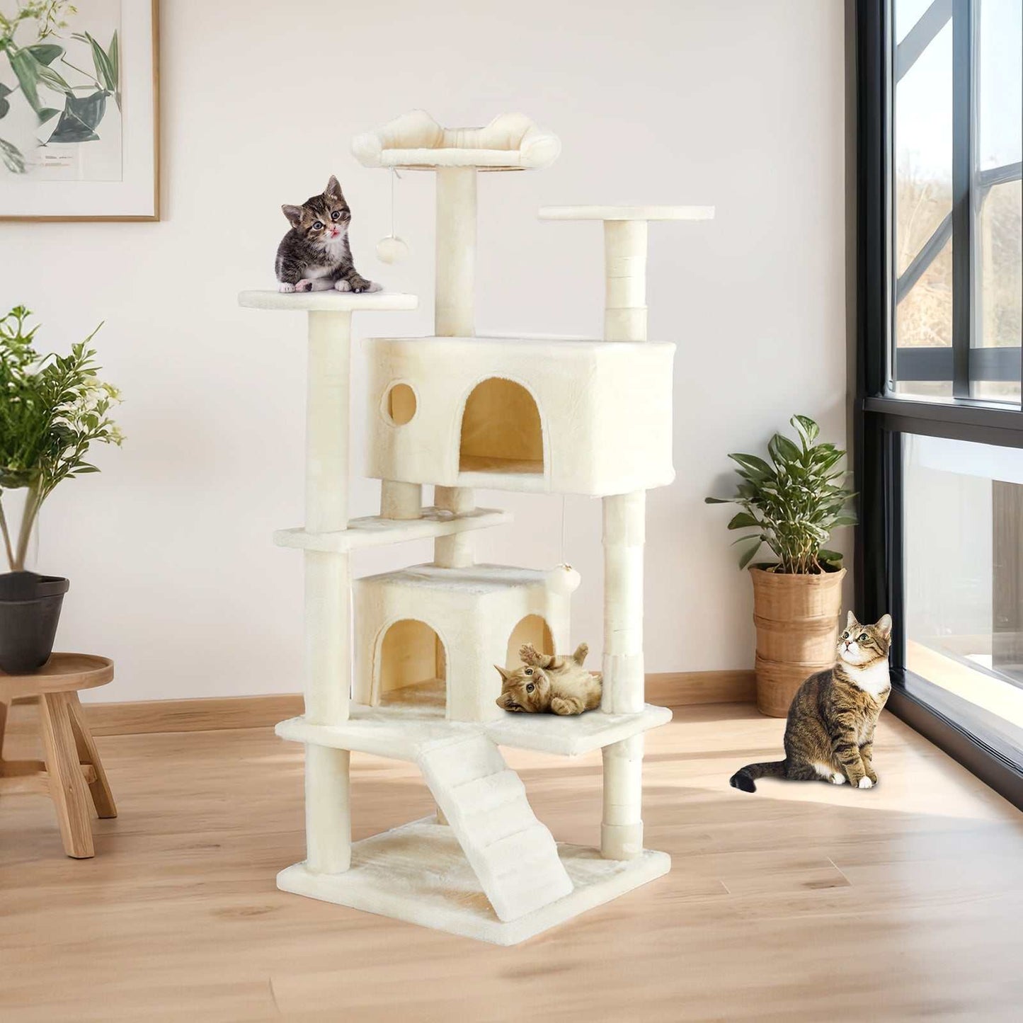 Multi Function Cat Treehouse Climbing Frame for Indoor Cats in Beige and Blue, compact and sturdy vertical cat play structure