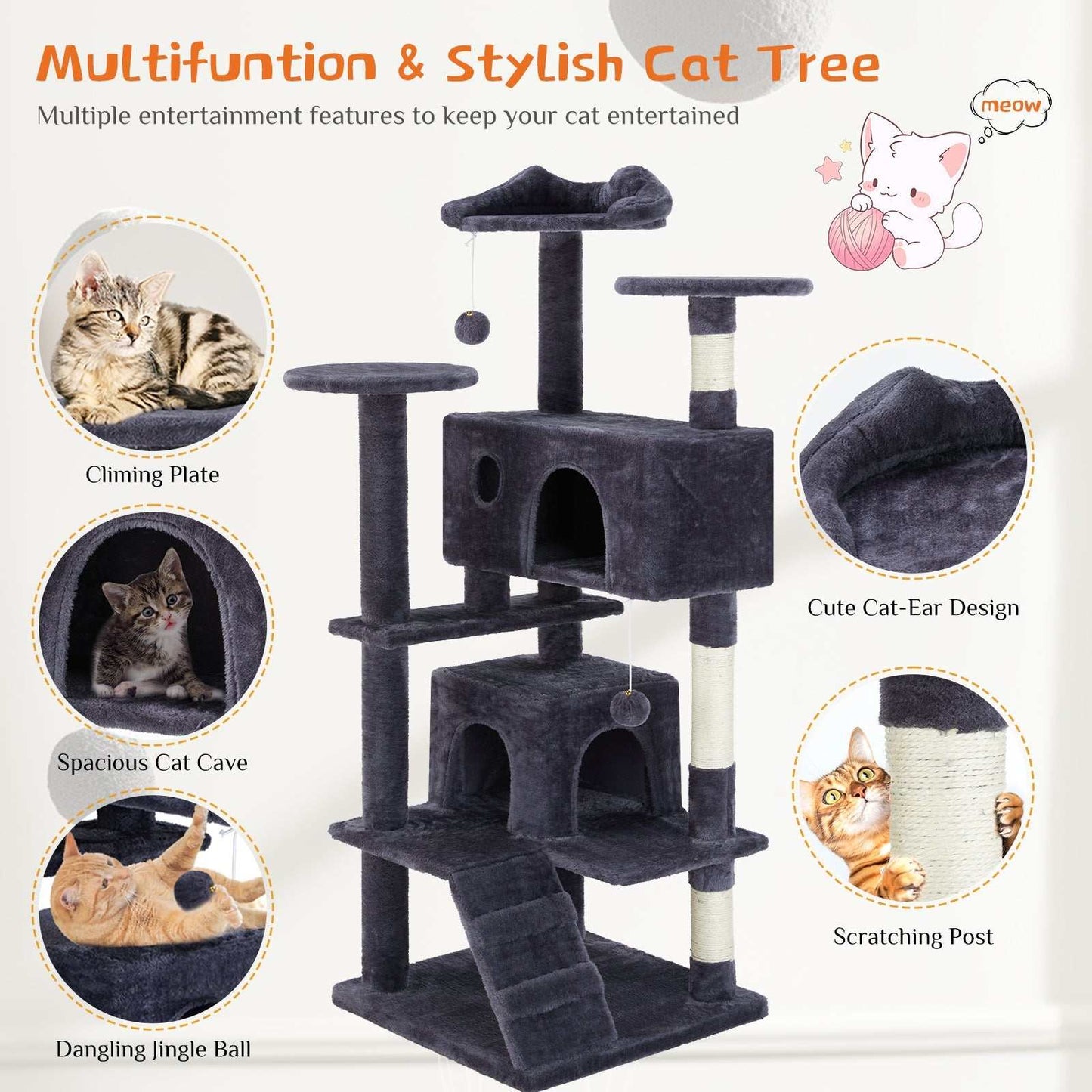 Multi Function Cat Treehouse climbing frame for indoor cats with beige and deep blue options in compact space-saving design