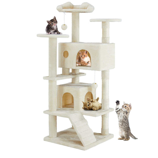 Multi Function Cat Treehouse Climbing Frame for indoor cats in beige with multiple perches and compact design