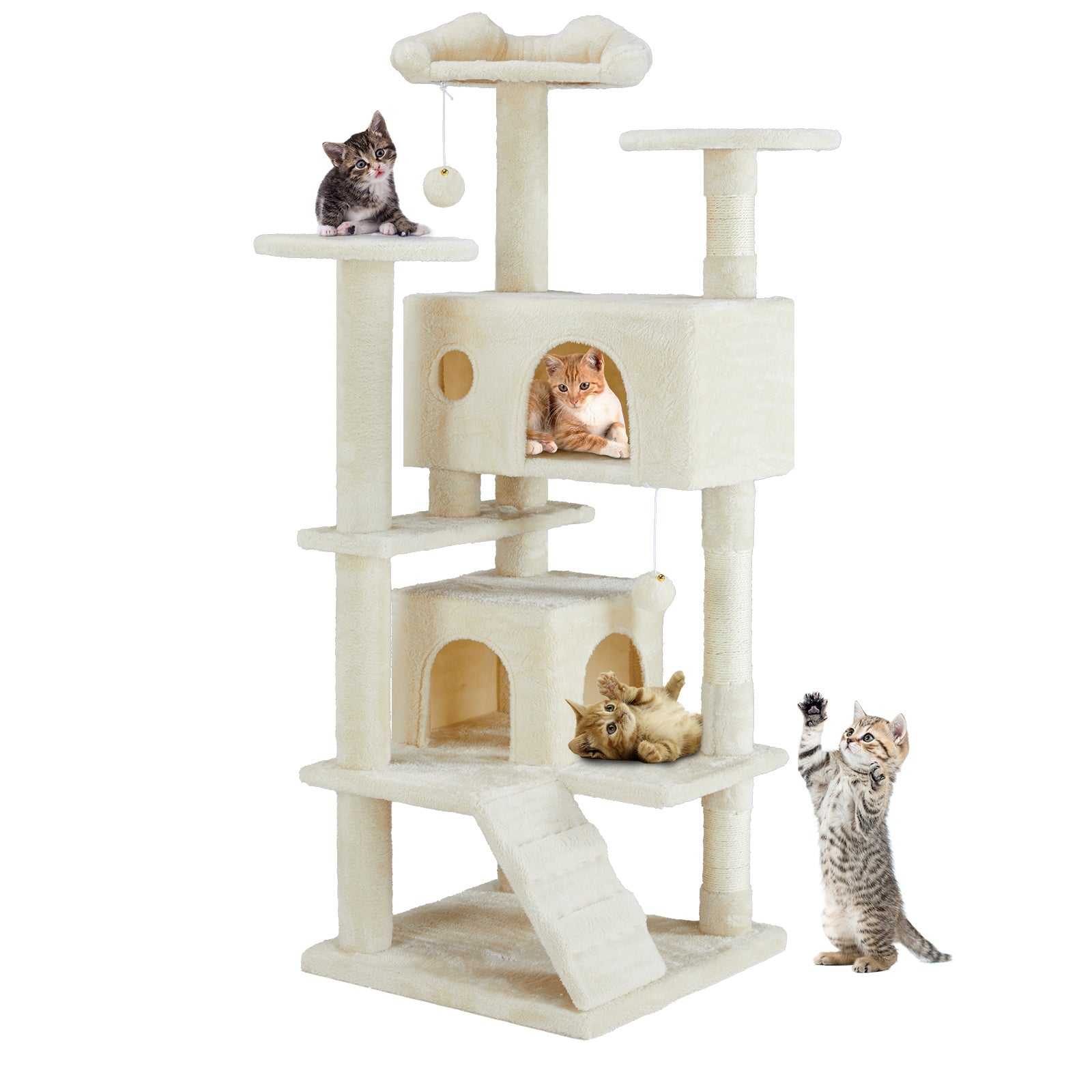 Multi Function Cat Treehouse climbing frame for indoor cats in beige with multiple perches