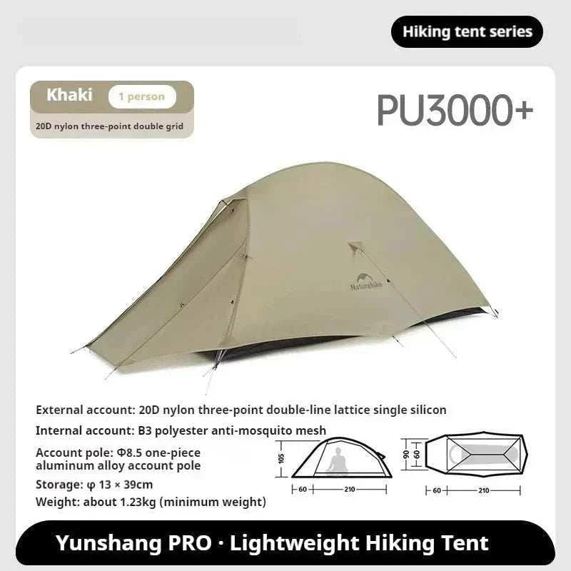 Ultralight 1-2 person trekking tent with dual doors, 20D nylon, all-season waterproof design, and compact portable size