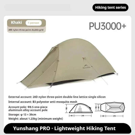 Ultralight 1-2 person trekking tent with dual doors, 20D nylon, all-season waterproof design, and compact portable size
