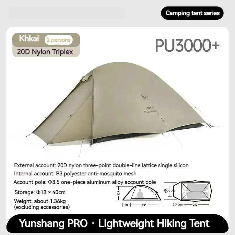 Ultralight 1-2 person trekking tent with dual doors, 20D nylon all-season protection, and compact design