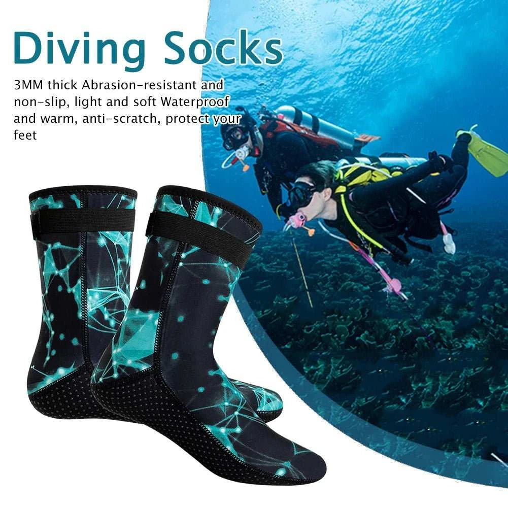 Blue neoprene diving socks with anti-slip sole for snorkeling and surfing
