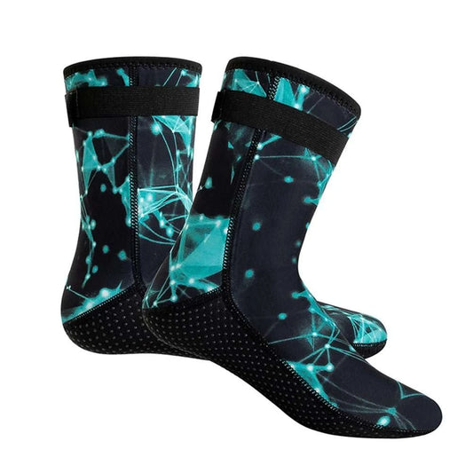 Pair of blue neoprene diving socks with anti-slip soles for water sports and snorkeling