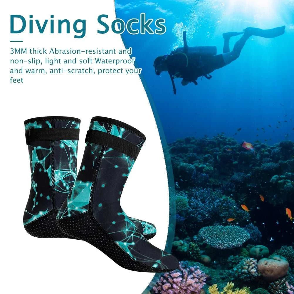 Pair of blue neoprene diving socks with anti-slip soles for water sports and surfing
