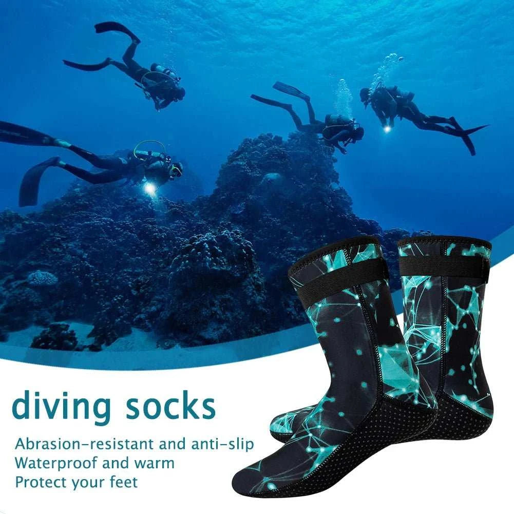 Blue neoprene diving socks with anti-slip soles for snorkeling and water sports
