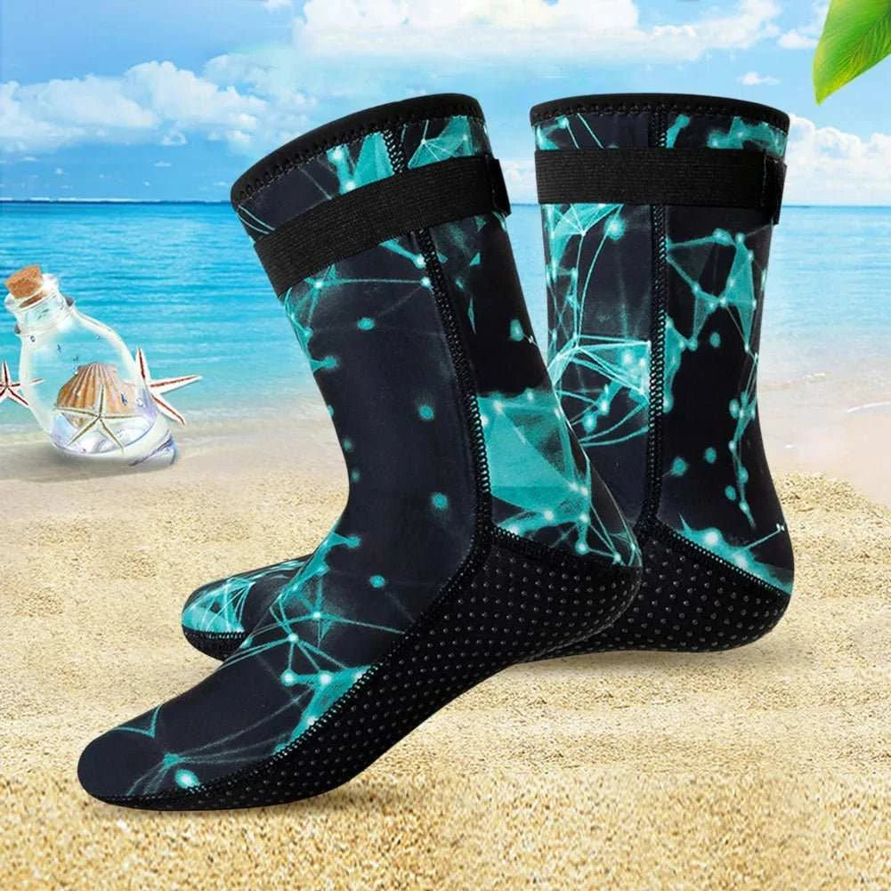 Blue neoprene diving socks with anti-slip sole for water sports and snorkeling