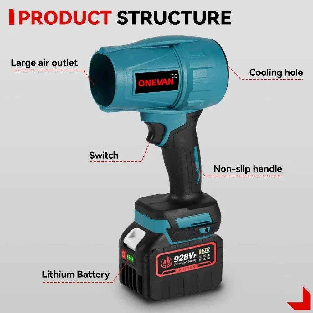 ONEVAN 2000W Brushless Turbo Cordless Leaf Blower with Makita-compatible battery and ergonomic design