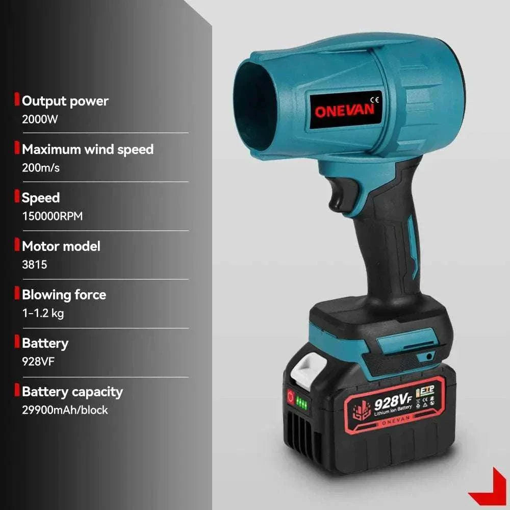 ONEVAN 2000W Brushless Turbo Cordless Leaf Blower with Makita battery compatibility and ergonomic design for powerful debris clearance