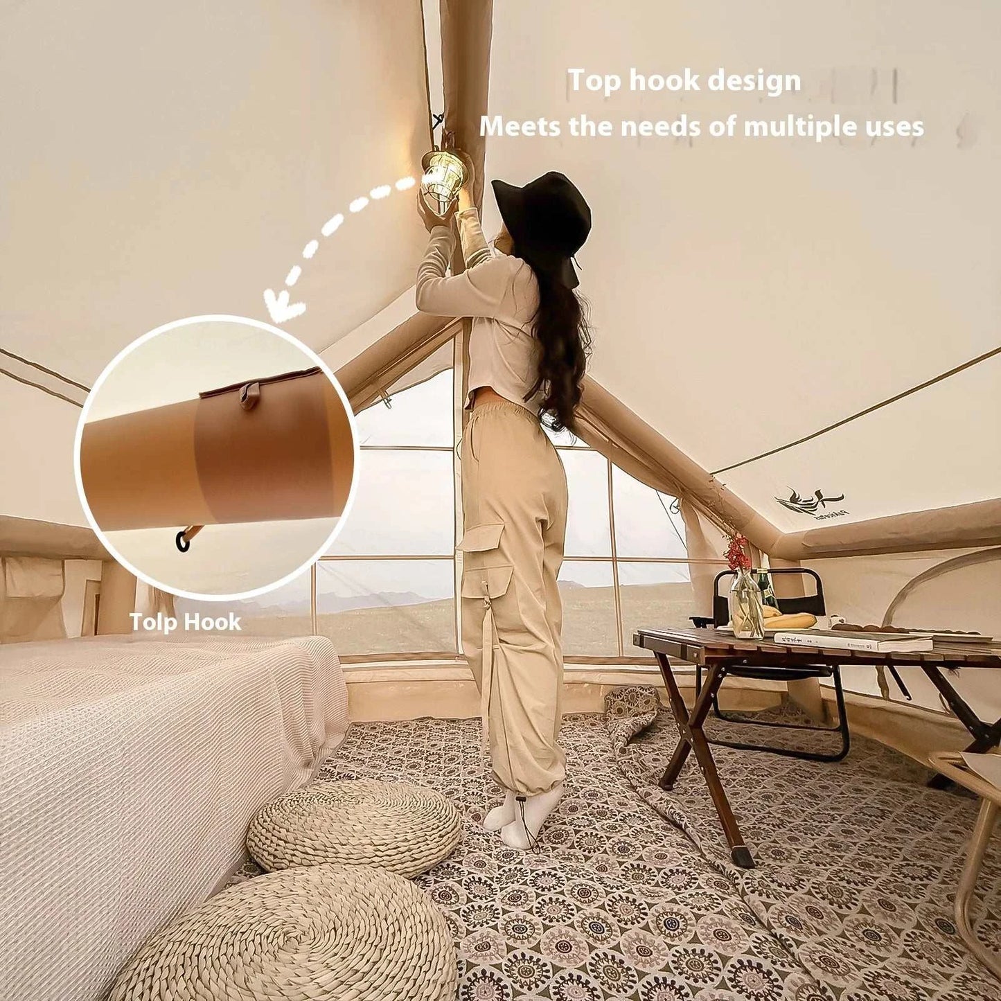 Inflatable family camping tent set up quickly outdoors with 5-8 people under a cloudy sky
