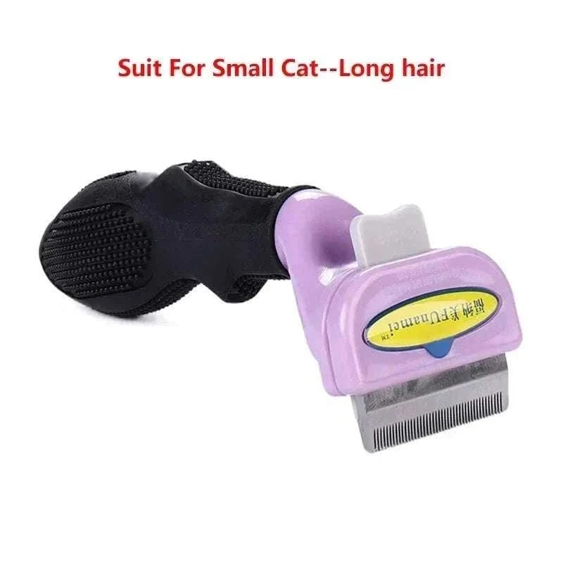 Pet Hair Removal Comb for cats and dogs with dual hair-length heads in blue and gray, available in multiple sizes for gentle grooming and shedding control