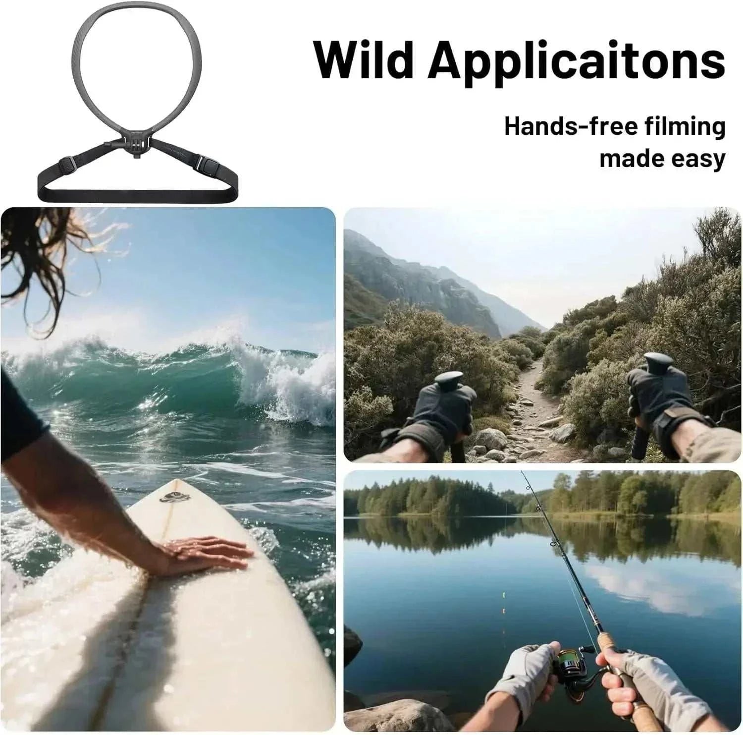 Adjustable silicone-coated neck and chest mount harness for action cameras with secure straps and 300g capacity