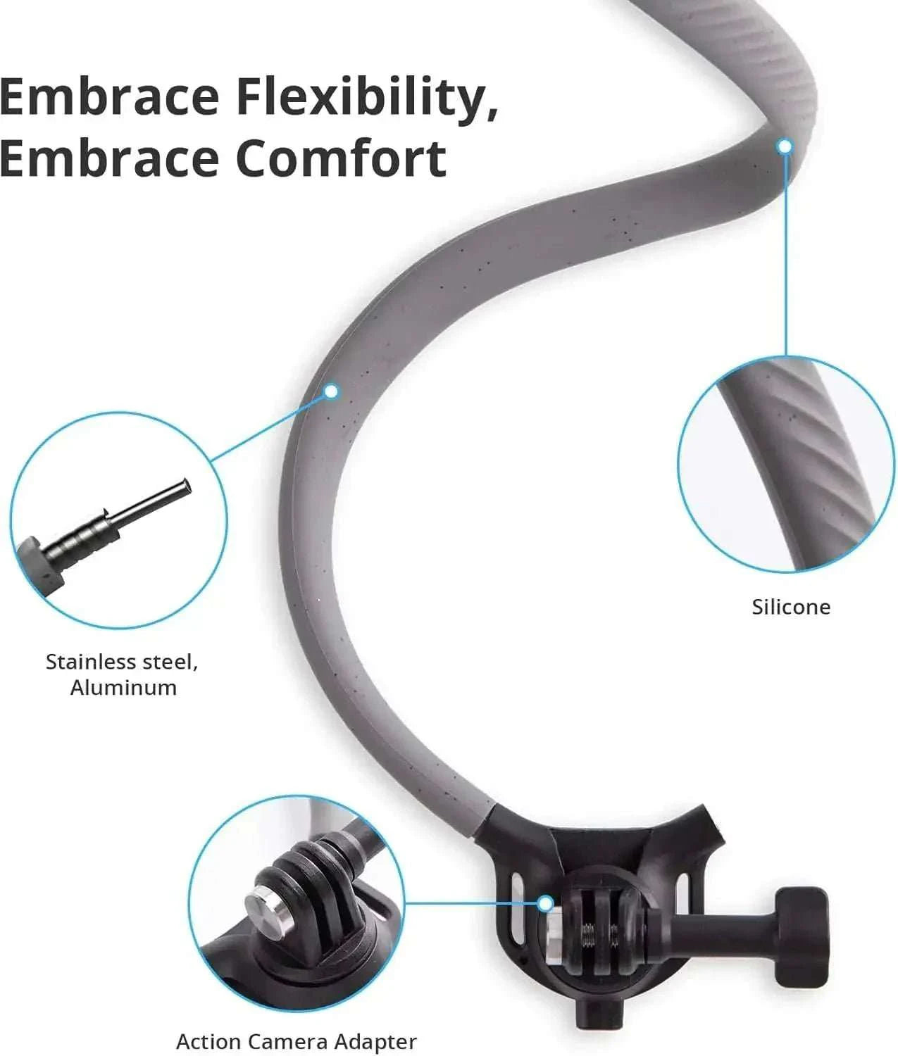 Adjustable silicone-coated neck and chest mount harness for action cameras with secure straps and 300g capacity