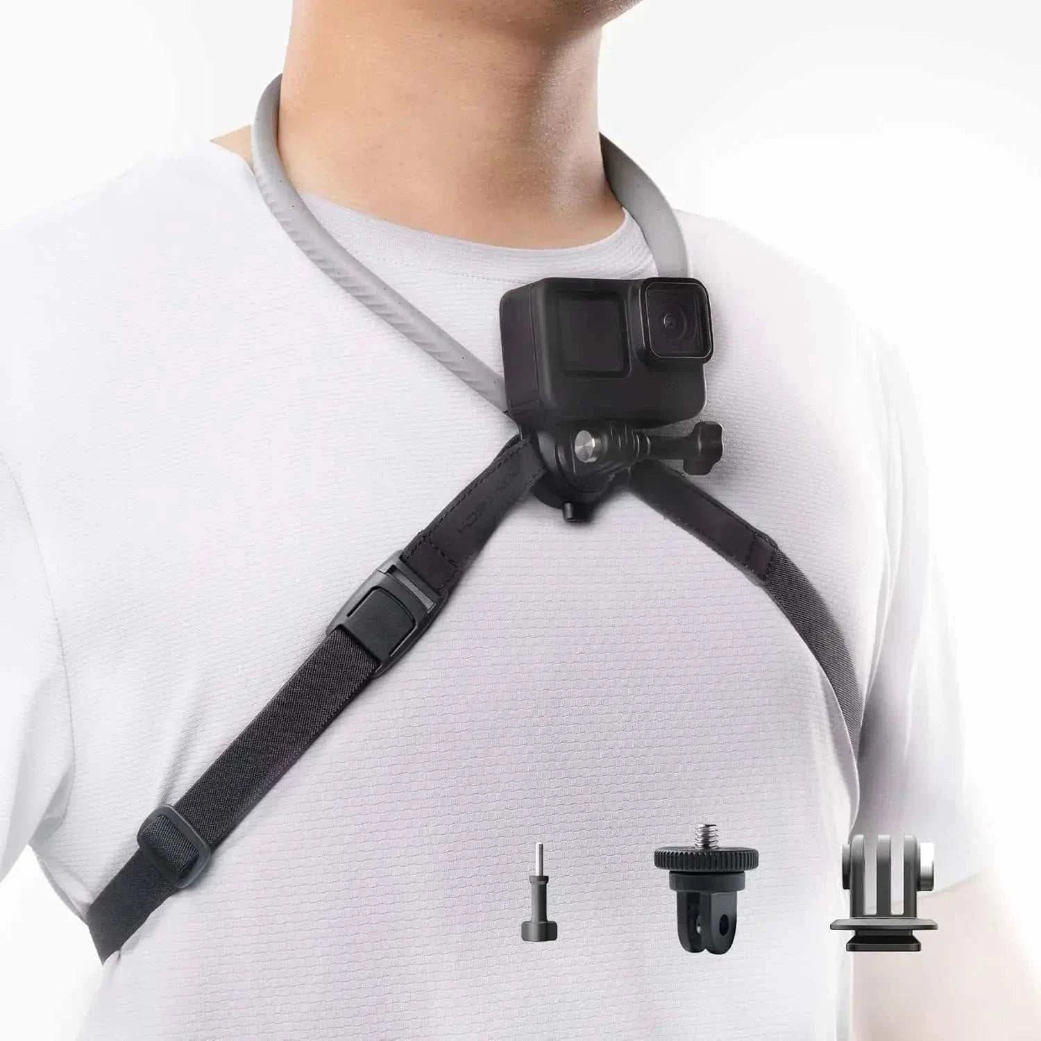 Neck and chest mount for action cameras with silicone coating and adjustable harness