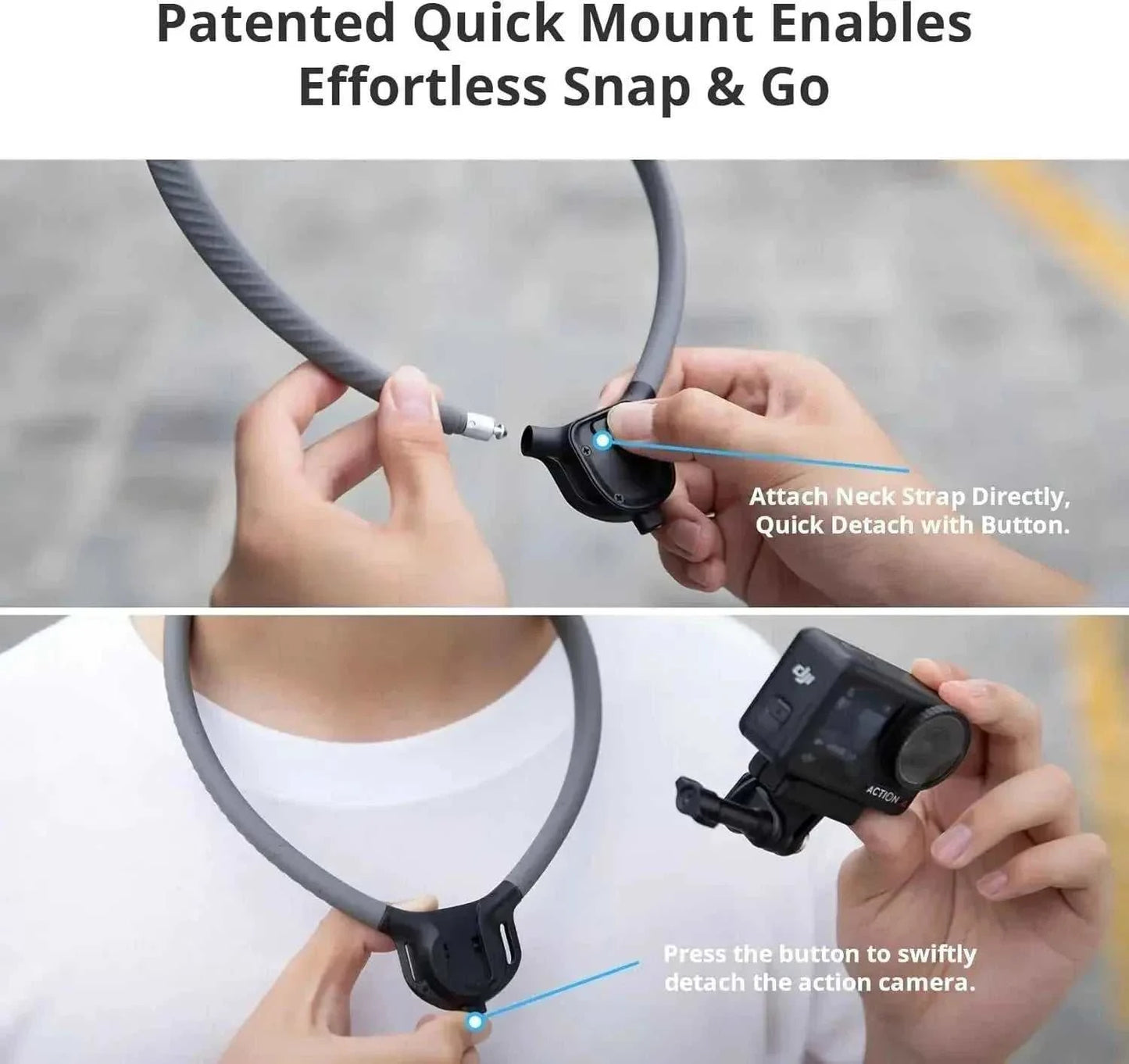 Adjustable neck and chest mount with silicone coating for action cameras, featuring flexible stainless steel and aluminum design for stable on-body filming.