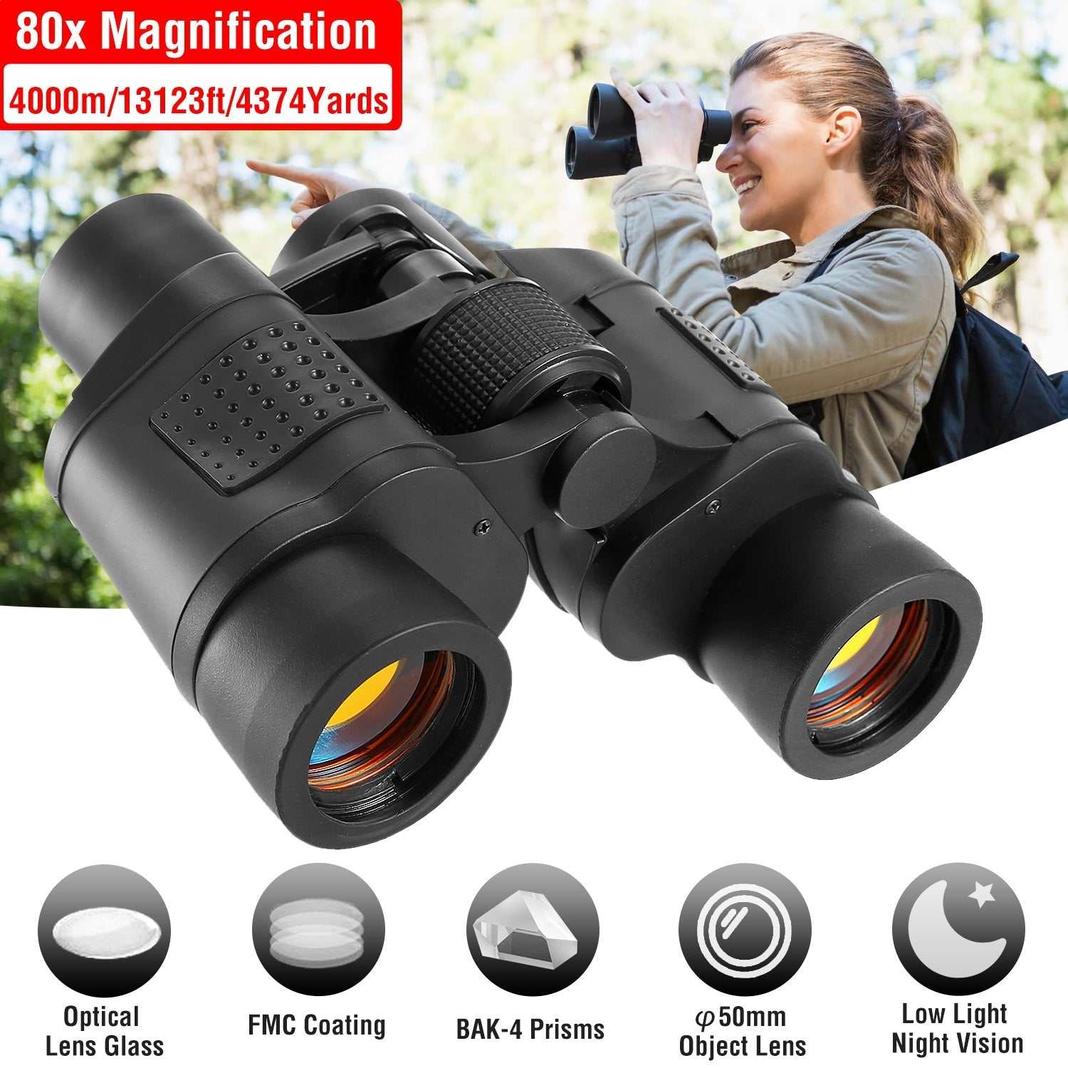 Portable HD binoculars with night vision for bird watching showing compact design and rugged ABS housing