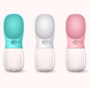 Portable pet water bottle with one-touch button, leakproof design, available in 350ml and 550ml for outdoor adventures