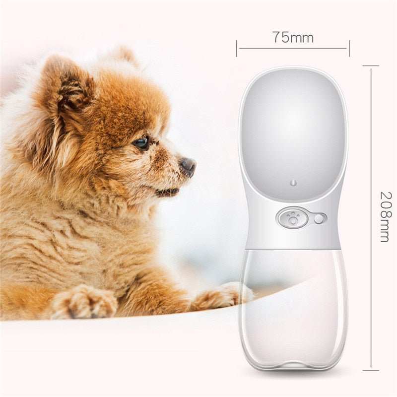 Portable pet water bottle with one-touch button and leakproof design for outdoor adventures, available in 350ml and 550ml sizes.