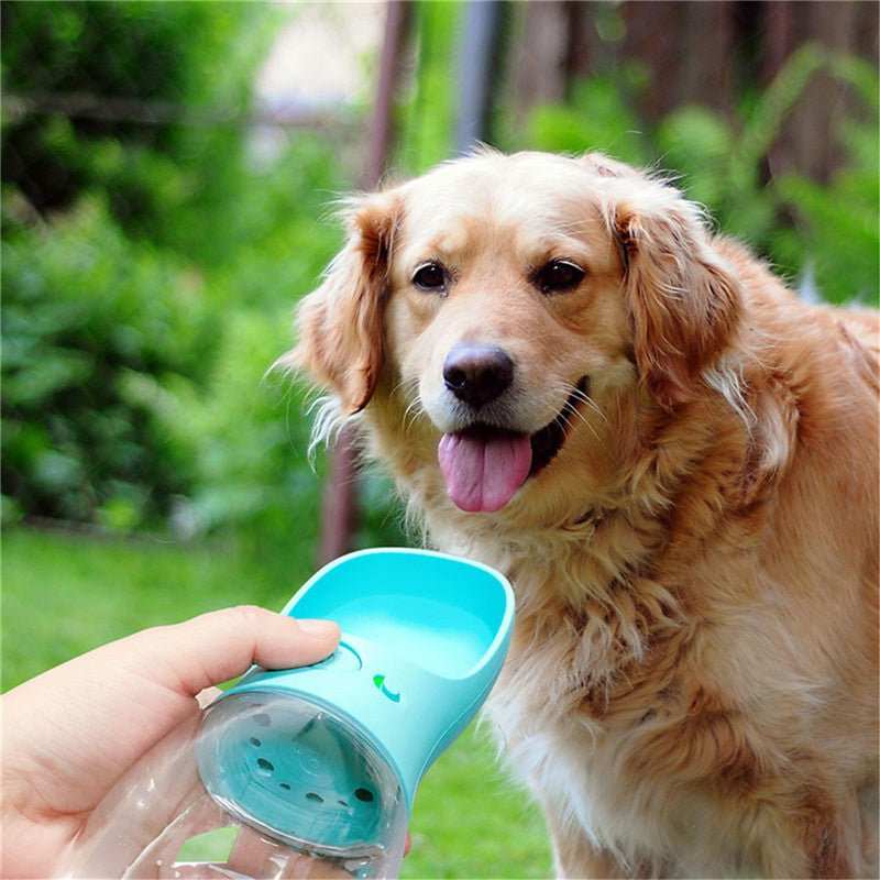 Portable pet water bottle with one-touch button and leakproof design for outdoor adventures, available in 350ml and 550ml sizes.
