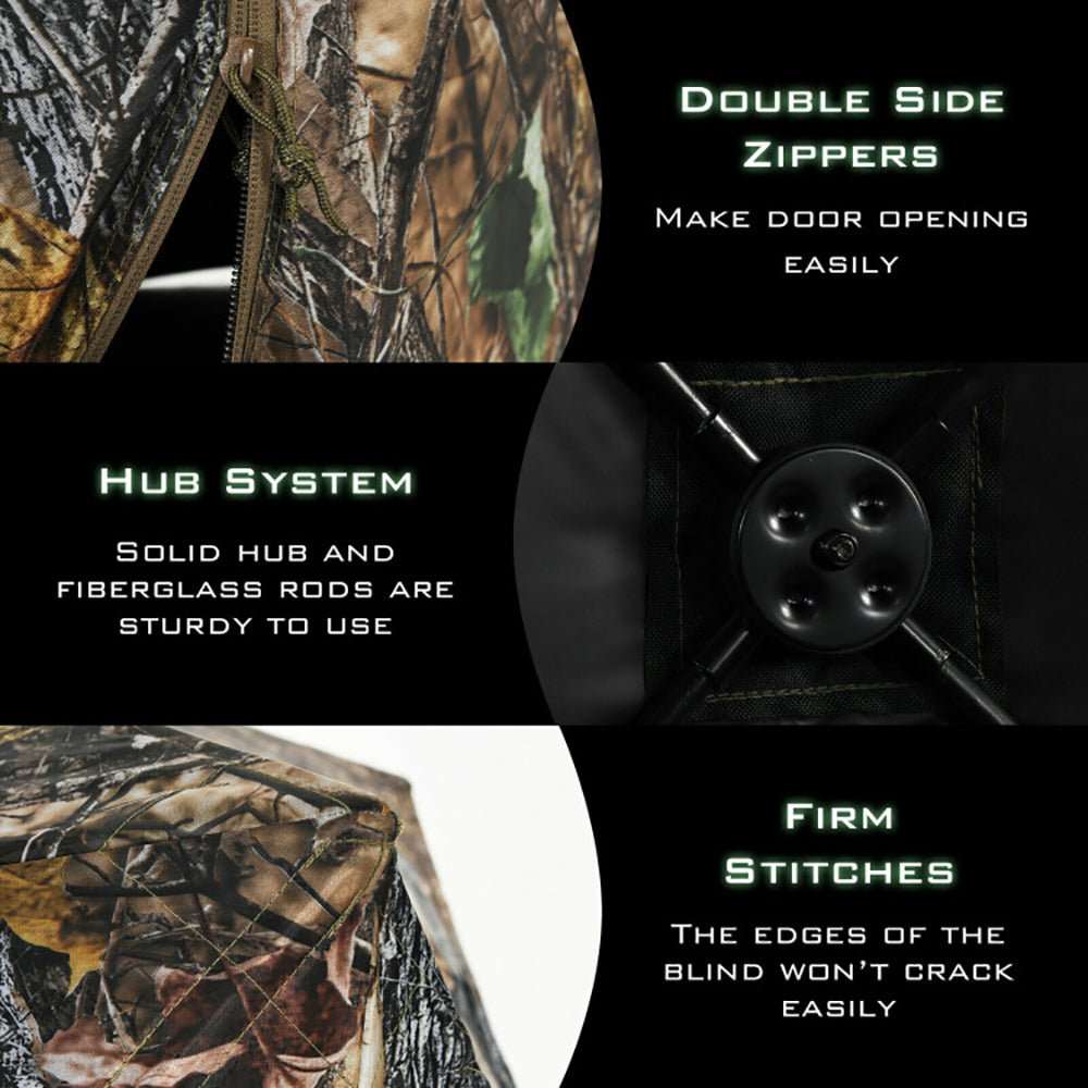 Portable pop up ground hunting blind with camouflage fabric, mesh windows, and tie downs for quick setup and concealment