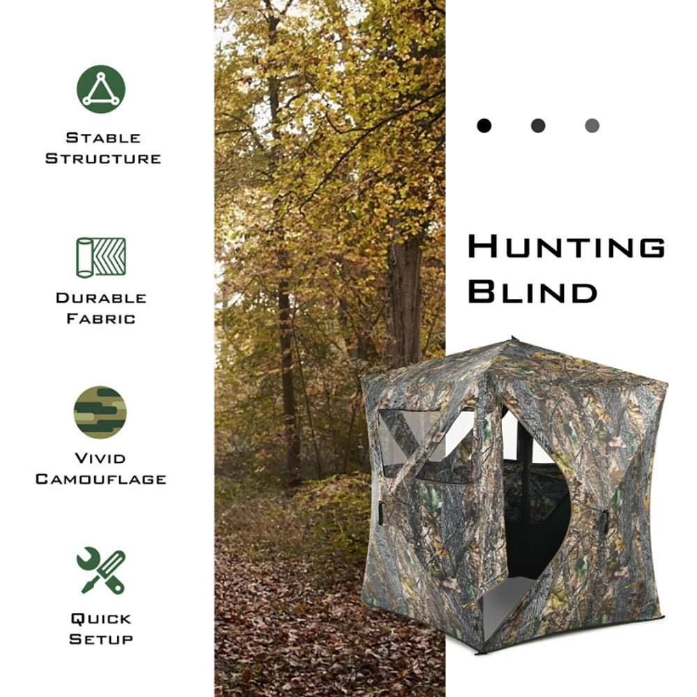 Portable pop up ground hunting blind in jungle camouflage with mesh windows and tie downs for fast setup and concealment