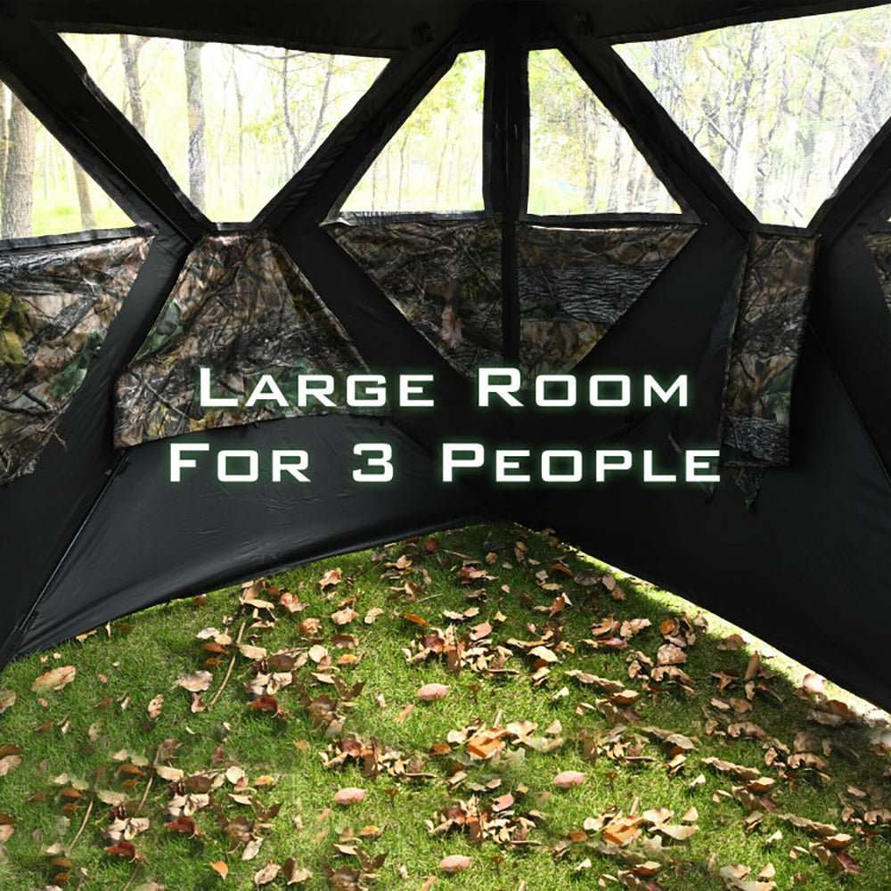 Portable pop-up ground hunting blind in camouflage with mesh windows and tie downs for quick setup and concealment
