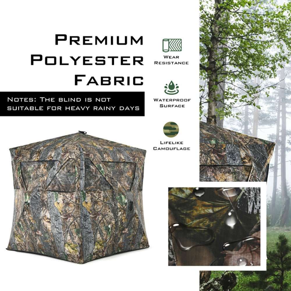 Portable pop up ground hunting blind with camouflage fabric and mesh windows for easy setup and concealment
