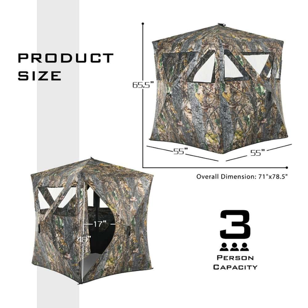 Portable pop-up ground hunting blind in camouflage with mesh windows and compact storage bag for easy transport and fast setup