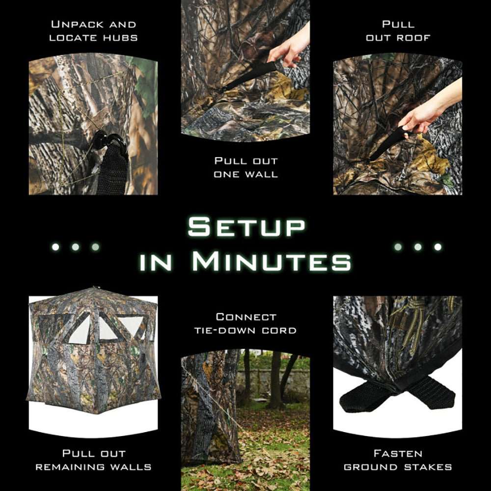 Portable pop-up ground hunting blind with camouflage, mesh windows, and tie downs for quick stealth setup