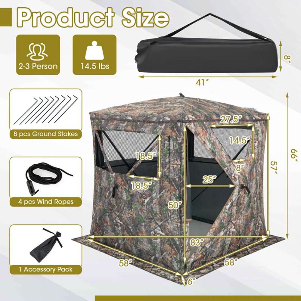 Portable pop up hunting blind tent with camouflage pattern and storage pocket for all-weather use